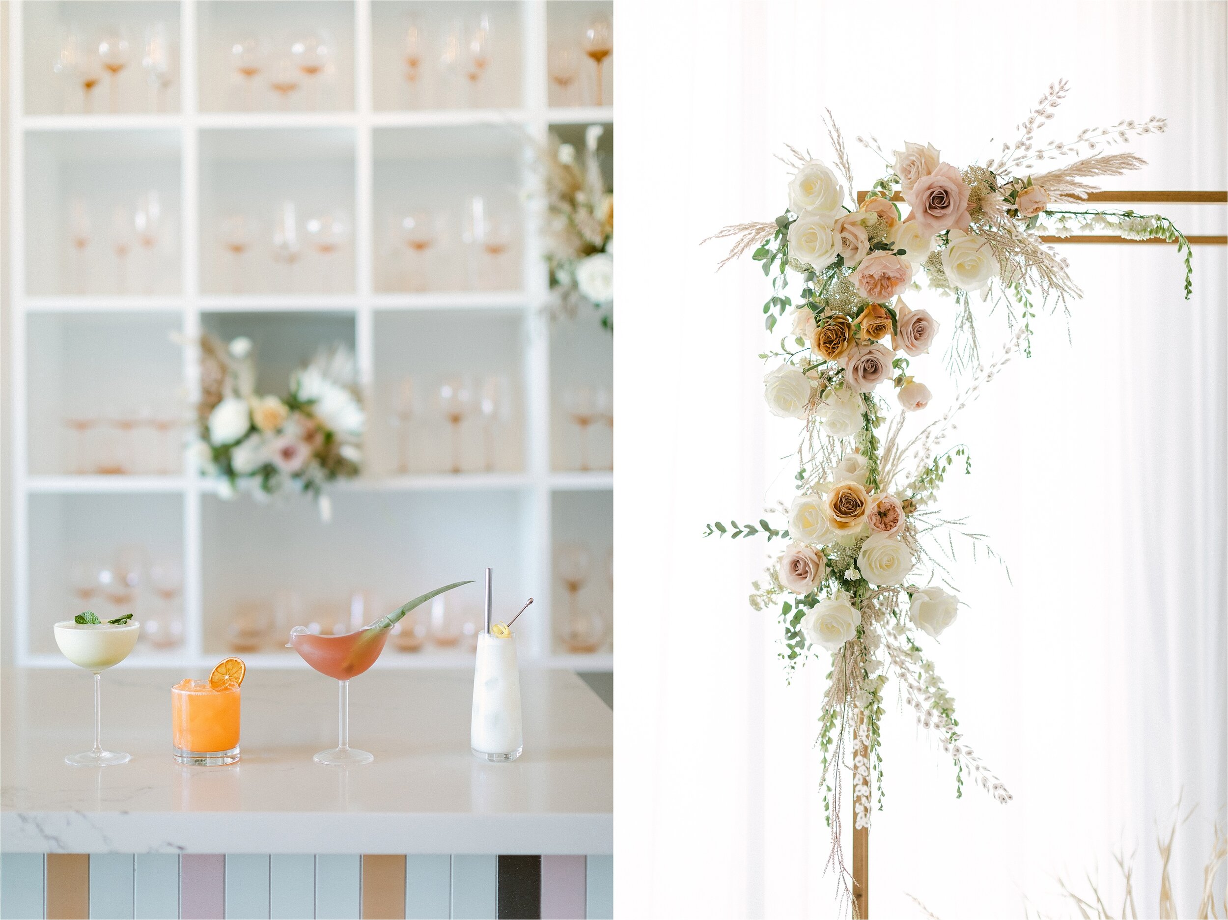 4 signature cocktails in various specialty glasses and a angular ceremony arch with neutral flowers hanging on the corner