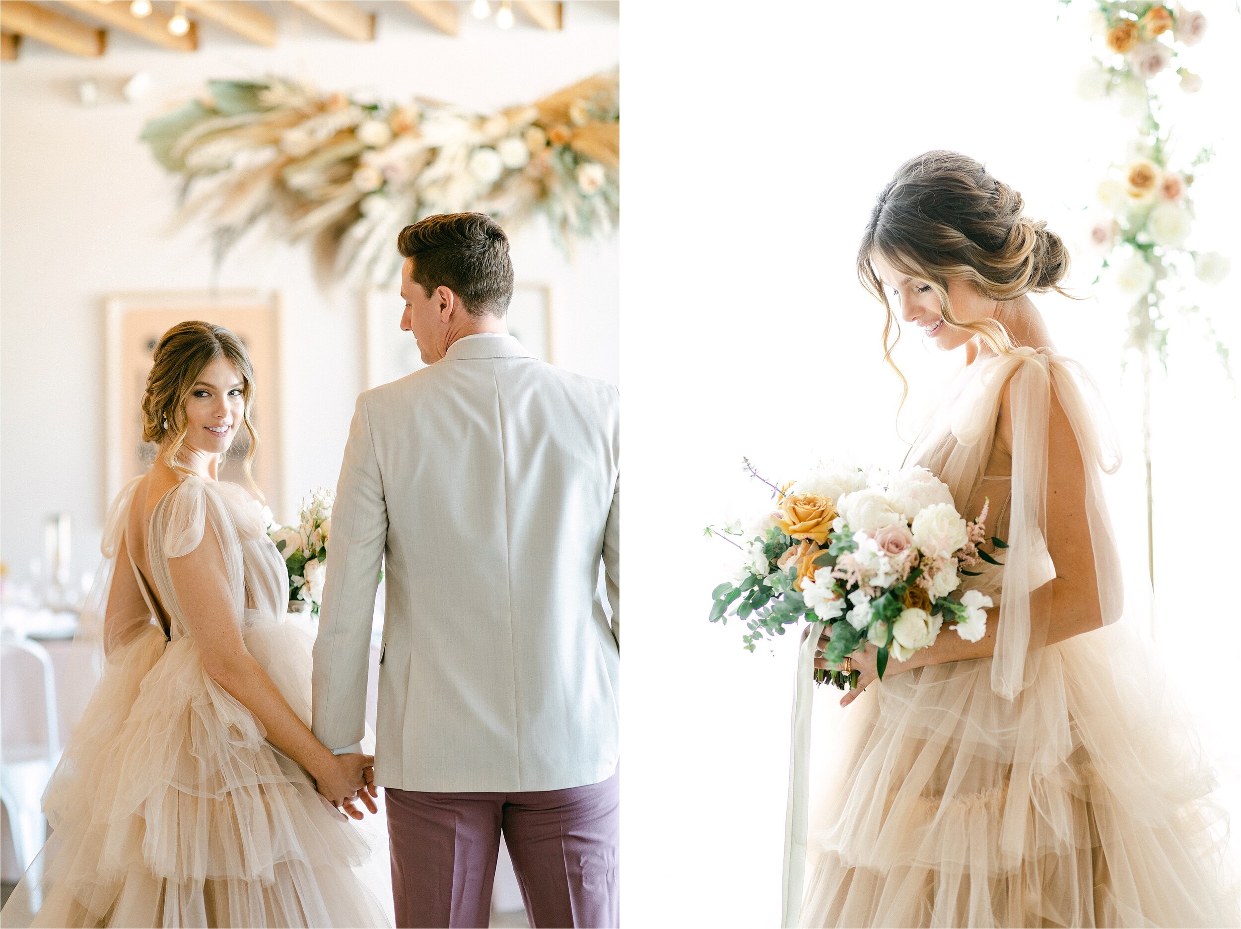 Bride looks over shoulder while holding grooms hand following neutral toned micro wedding