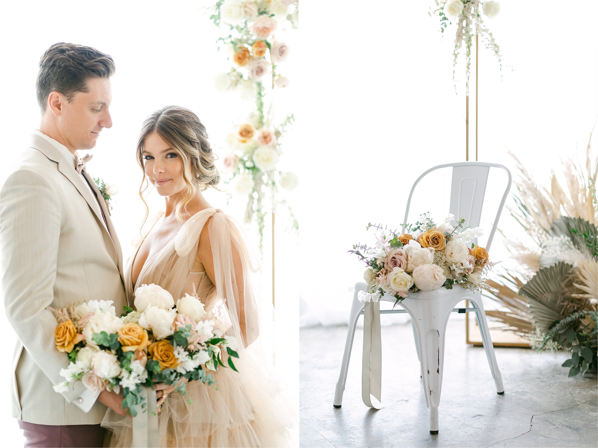 Groom looks at bride as she looks to the camera following their neutral toned micro wedding while holding bouquet