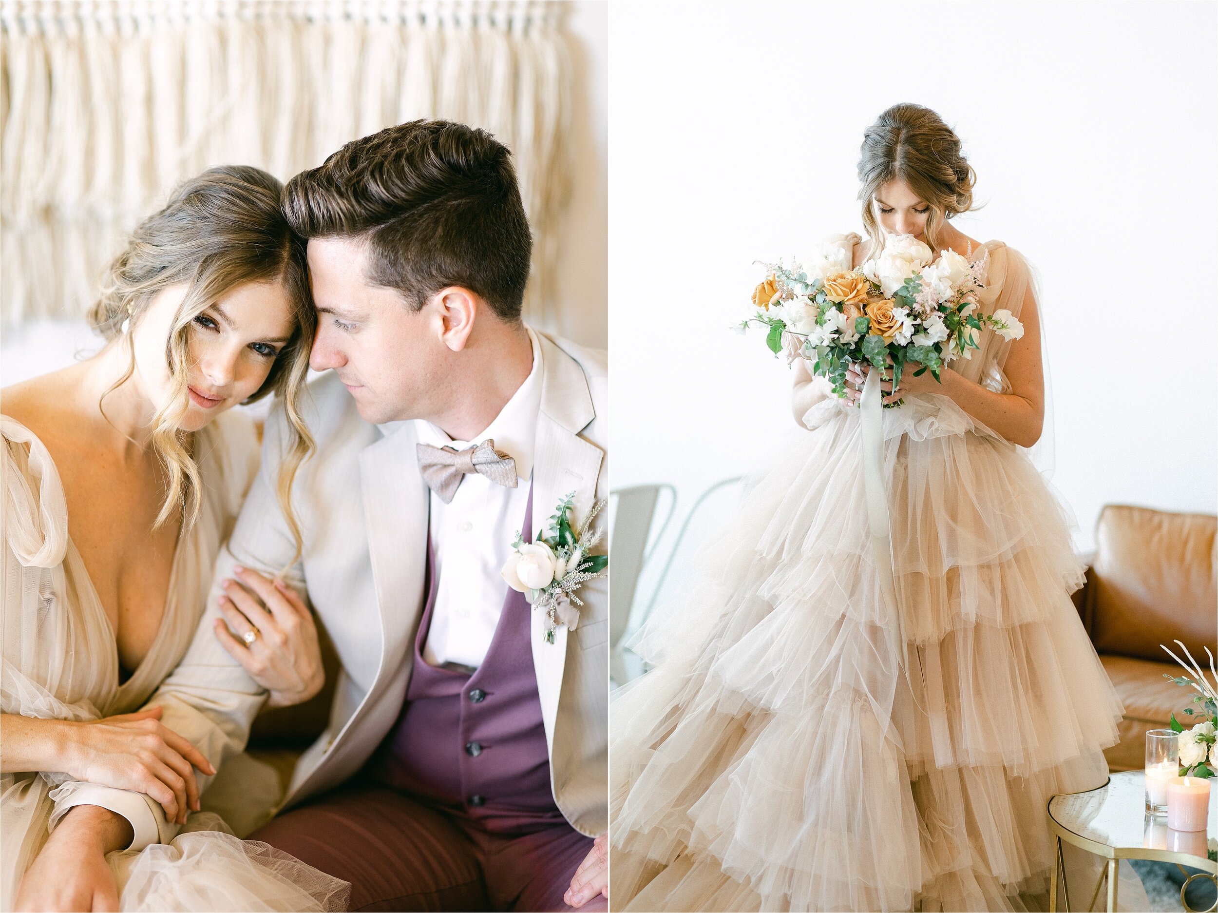 Bride and groom snuggle into each other and share a sweet moment at their neutral toned micro wedding