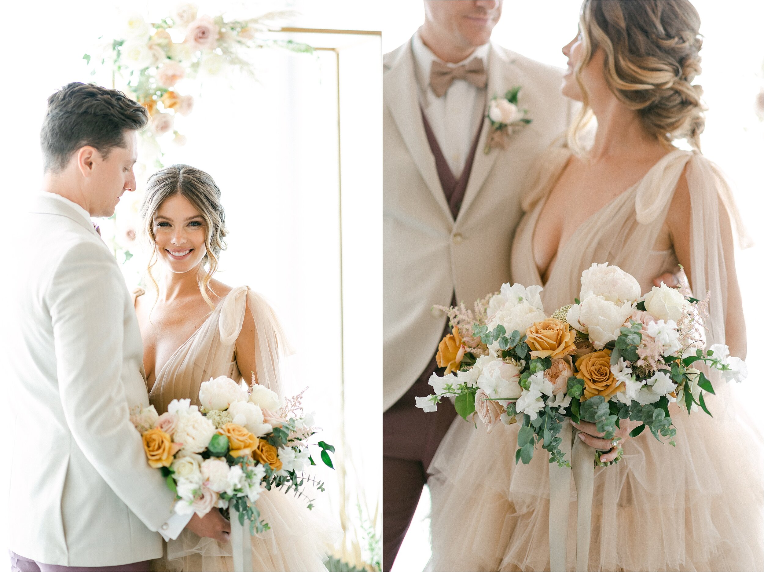 Neutral toned micro wedding style.  Bride wearing a nude layered tulle ball gown while looking at her groom in brown pants, vest and bow tie with a cream suit jacket.