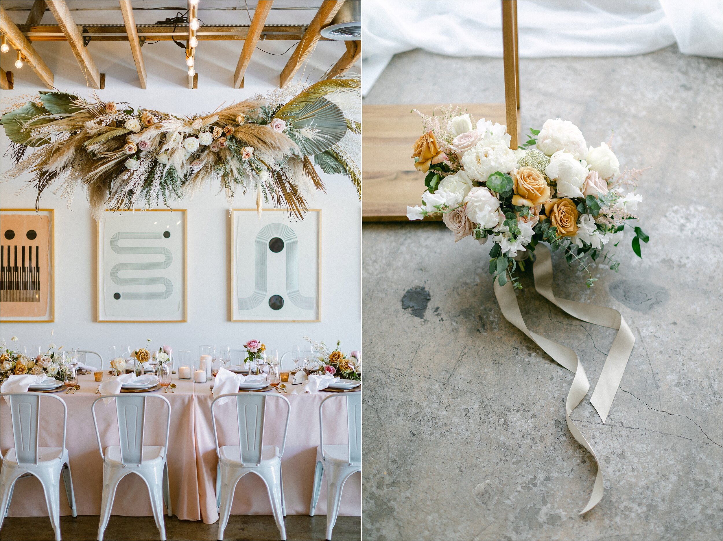 Neutral toned bouquet and tablescape at micro wedding