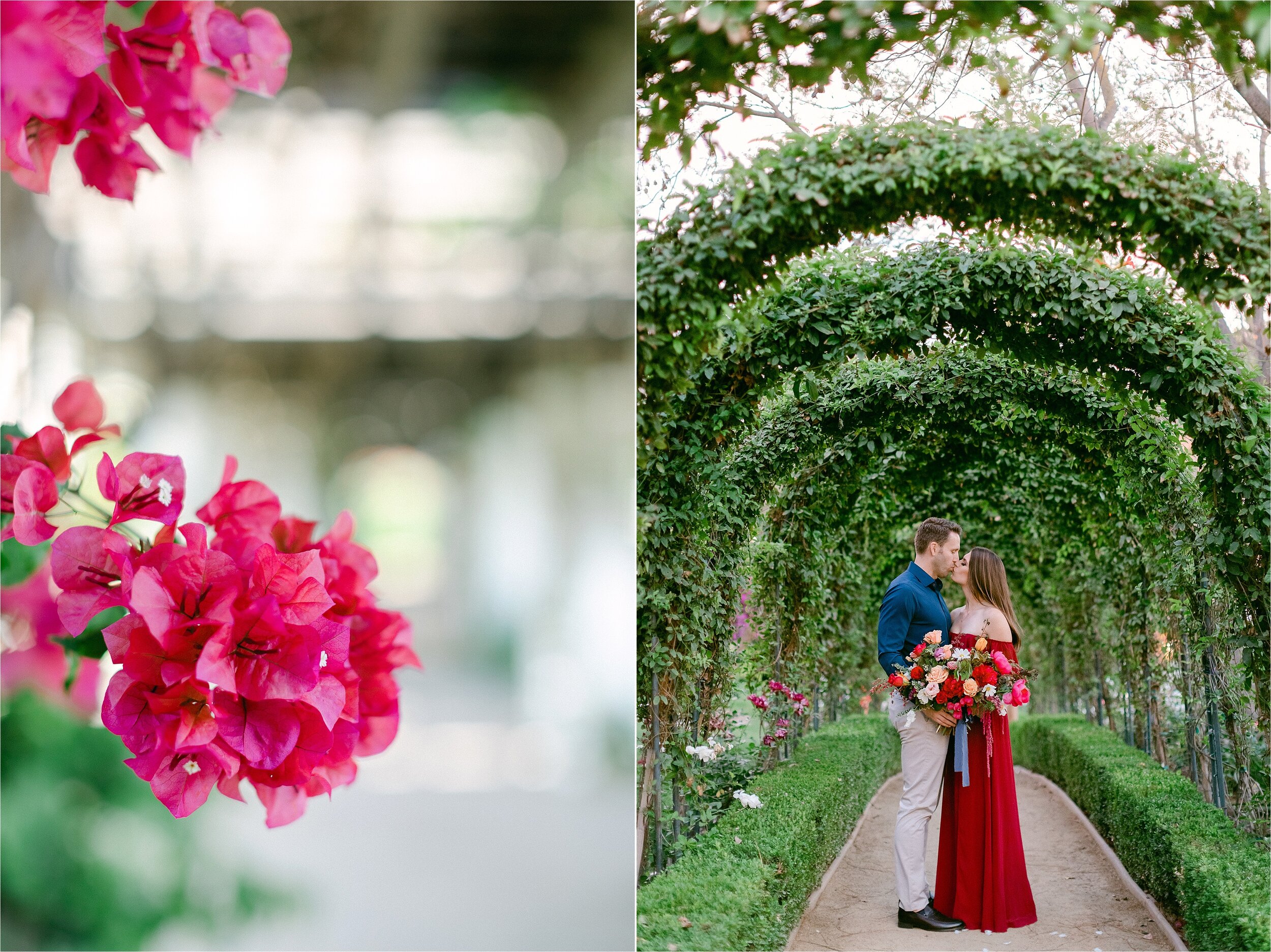 Fiances kiss under vibrant green archway.  He is wearing a midnight blue button down shirt with khaki pants while she is wearing a long, off shoulder, wine colored dress and is holding a large, vibrant bouquet. 