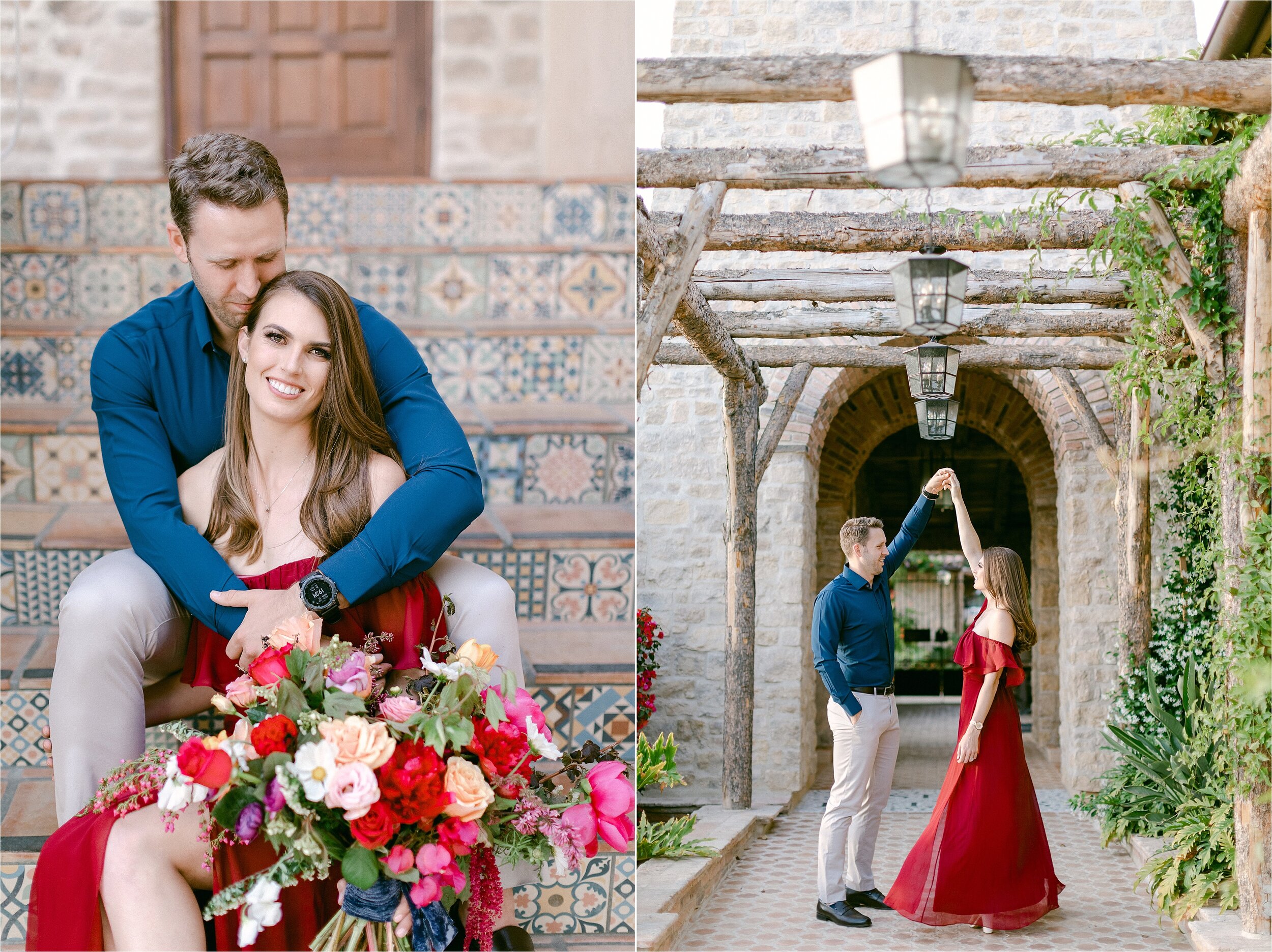 Male in midnight blue button down shirt and khaki pants twirls his fiance who is wearing a long, off shoulder, wine colored dress under a beautiful wood trellis during their colorful Westlake Village Inn Engagement session
