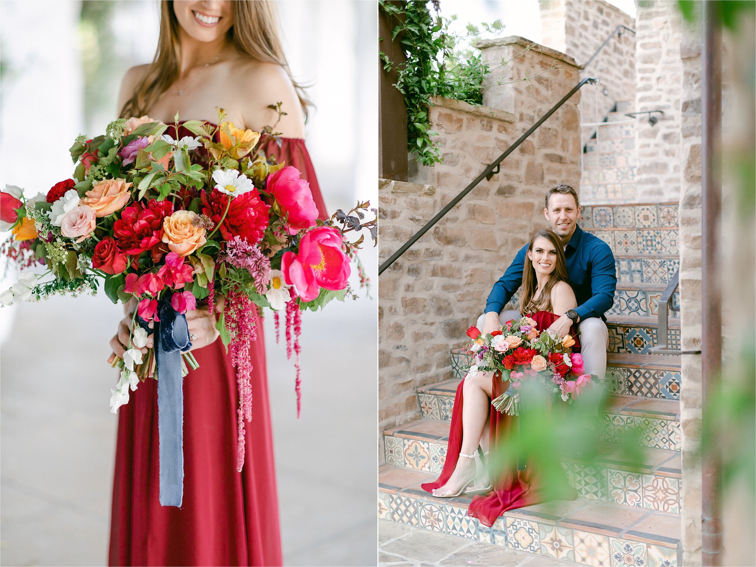 Colorful spring engagement photos at Westlake Village Inn, featuring a couple sitting on a Spanish tile staircase holding a colorful bouquet. 