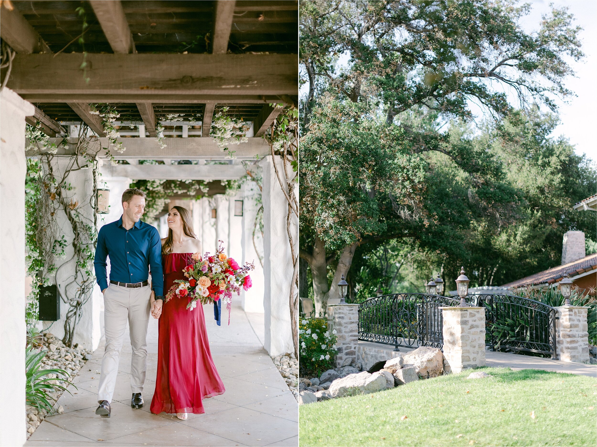 Male in midnight blue button down and female in long, off shoulder wine colored dress hold hands and walk through the trellis
