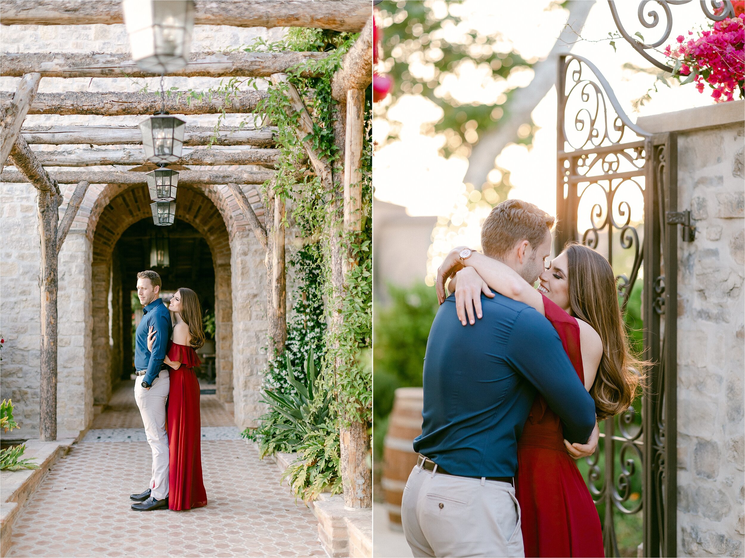 Fiances embrace during their colorful spring engagement session