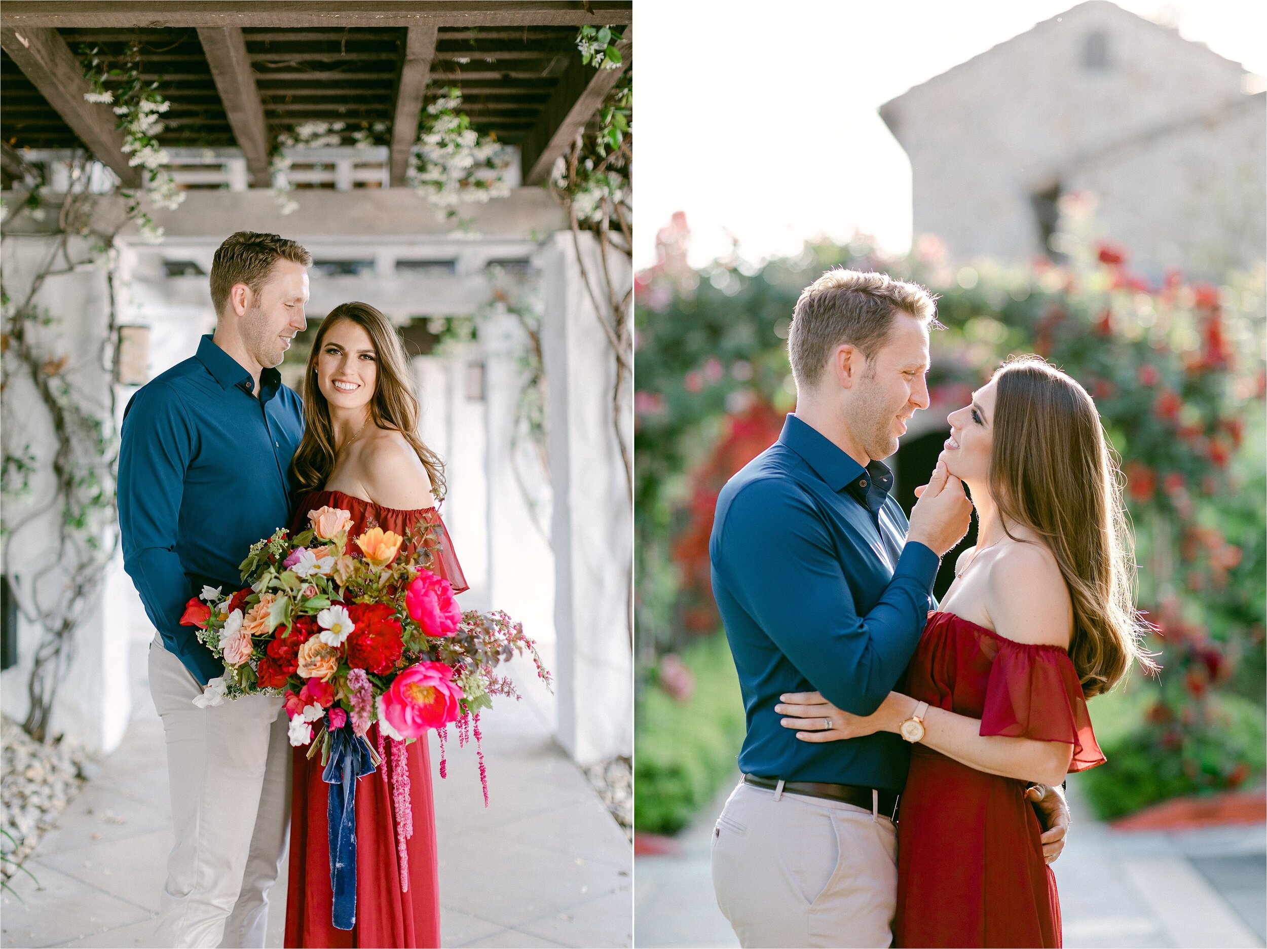 Colorful attire and bouquet at this Westlake Village Inn spring engagement session