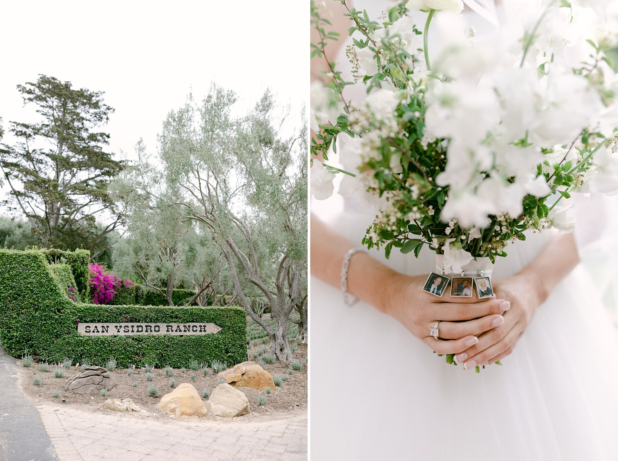 Image on left shows the entry sign to San Ysidro Ranch.  Image on right shows bride holding bouquet of white sweet peas hand tied with a white ribbon showcasing photo charms of deceased loved ones.