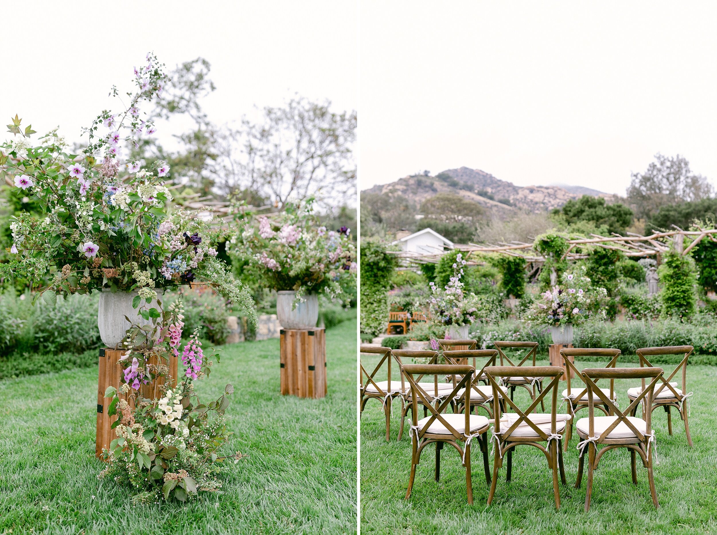 Dreamy garden ceremony with wood pedestals displaying large wild flower floral arrangements on the San Ysidro Ranch Lawn.