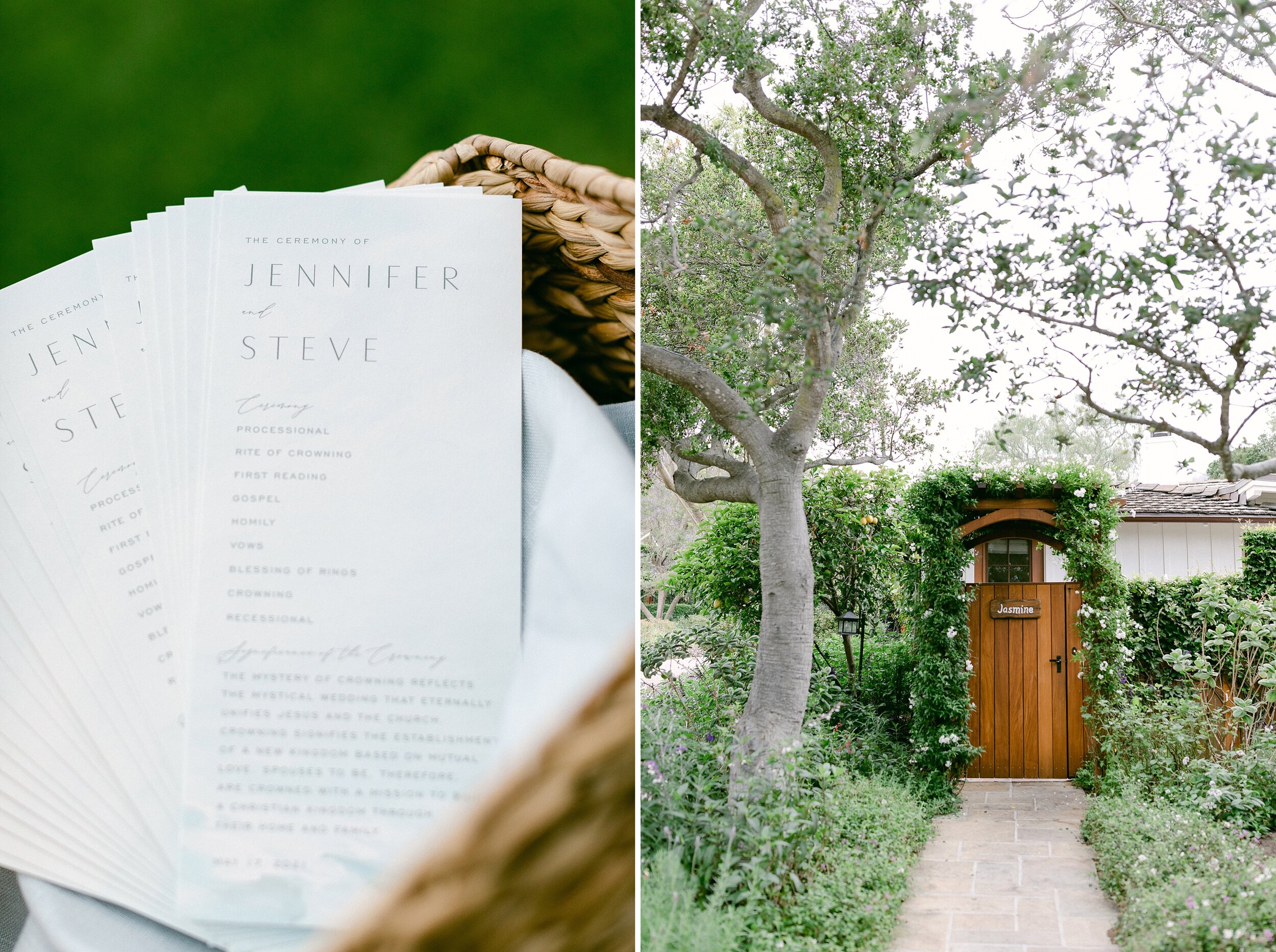Wedding programs displayed in a wicker basket for this intimate San Ysidro Ranch micro wedding