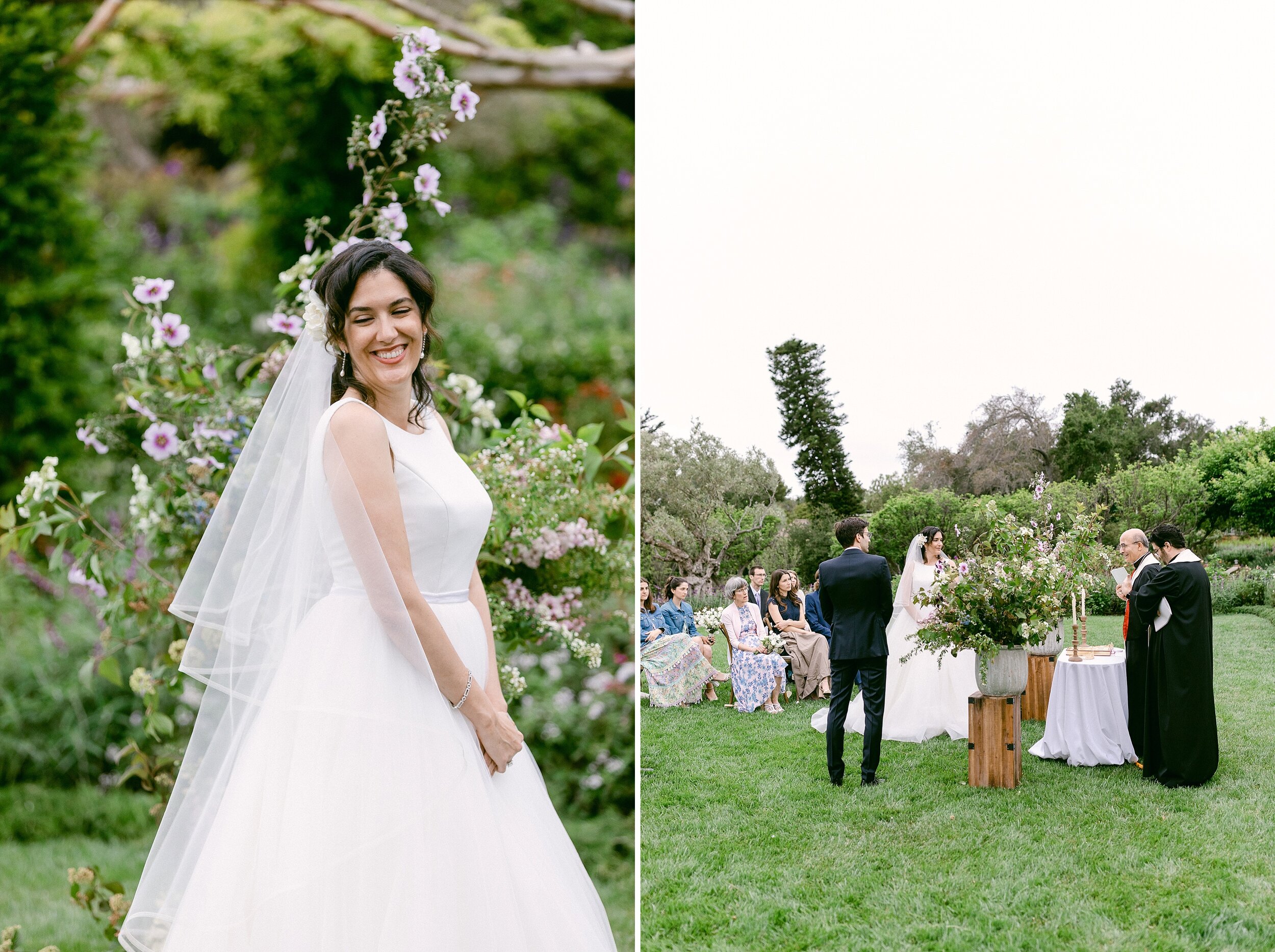 Bride smiles over her shoulder during her dreamy San Ysidro Ranch wedding on the lawn surrounded by her immediate family