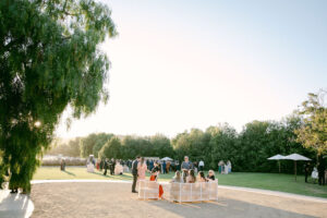 Horizontal image shows the guest experience at cocktail hour on the lawn during magic hour.