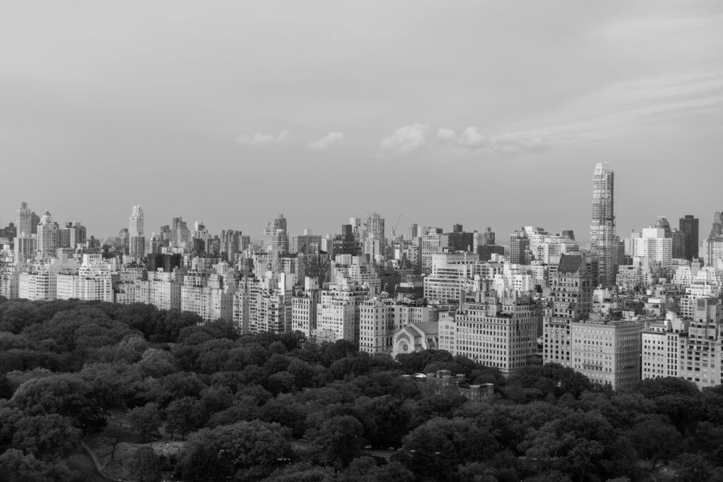 Black and white photo of NYC Skyline in the background and Central Park in the foreground