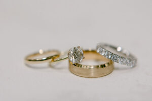 Simple flatlay of the bride and groom's wedding rings