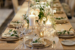 Elegant white and neutral toned wedding tablescape at the Four Seasons Beverly Hills.