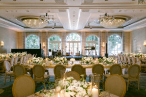 Wide shot showcasing the reception ballroom design and decor at the Four Seasons Beverly Hills.